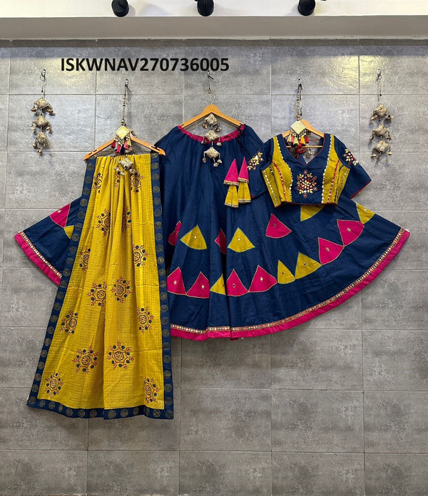 Embroidered Cotton Lehenga With Blouse And Hand Block Printed Malmal Cotton Dupatta-ISKWNAV270736005