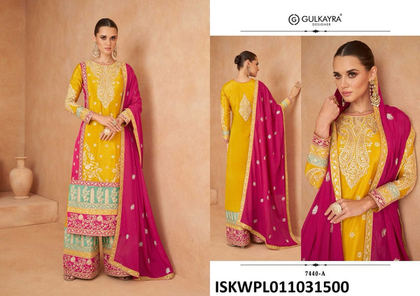 Embroidered Chinon Kurti With Palazzo And Dupatta-ISKWPL011031500