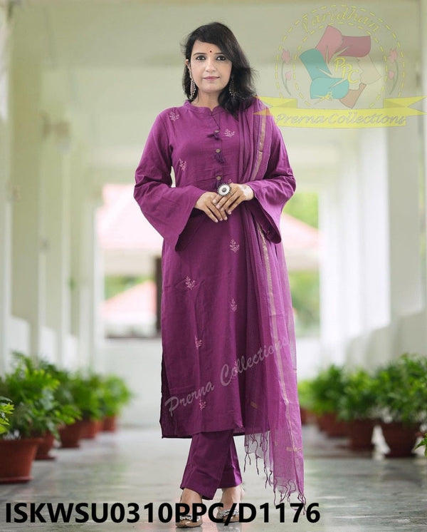 Embroidered Khadi Kurti With Pant And Kota Doriya Dupatta-ISKWSU0310PPC/D1176