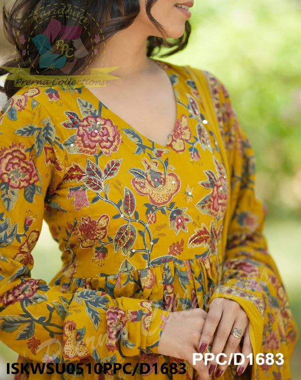 Kalamkari Printed Cotton Anarkali Kurti With Pant And Malmal Cotton Dupatta-ISKWSU0510PPC/D1683