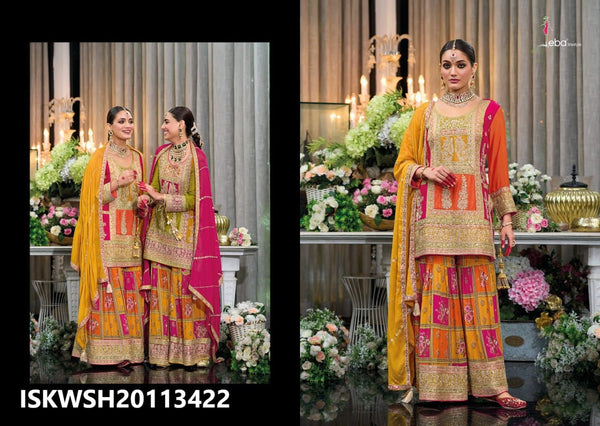 Embroidered Chinon Kurti With Palazzo And Digital Printed Dupatta-ISKWSH20113422