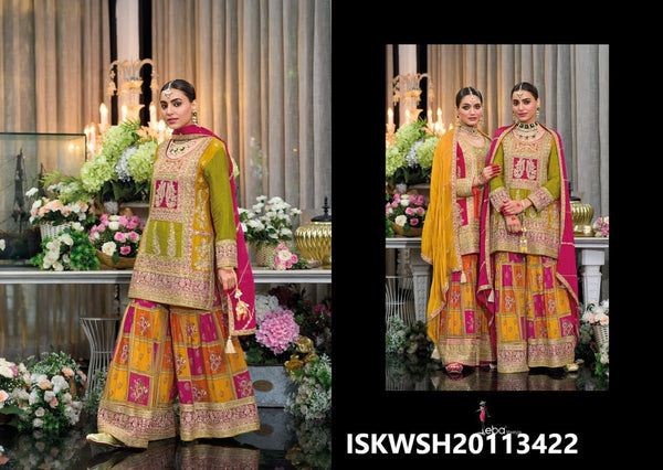 Embroidered Chinon Kurti With Palazzo And Digital Printed Dupatta-ISKWSH20113422