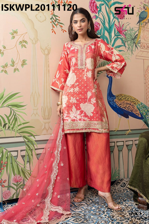 Printed Silk Kurti With Palazzo And Embroidered Net Dupatta-ISKWPL20111120