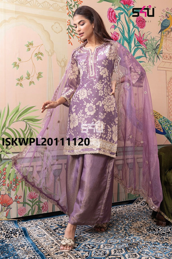 Printed Silk Kurti With Palazzo And Embroidered Net Dupatta-ISKWPL20111120