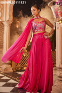 Embroidered Silk Crop Top With Palazzo And Dupatta-ISKWPL20111121