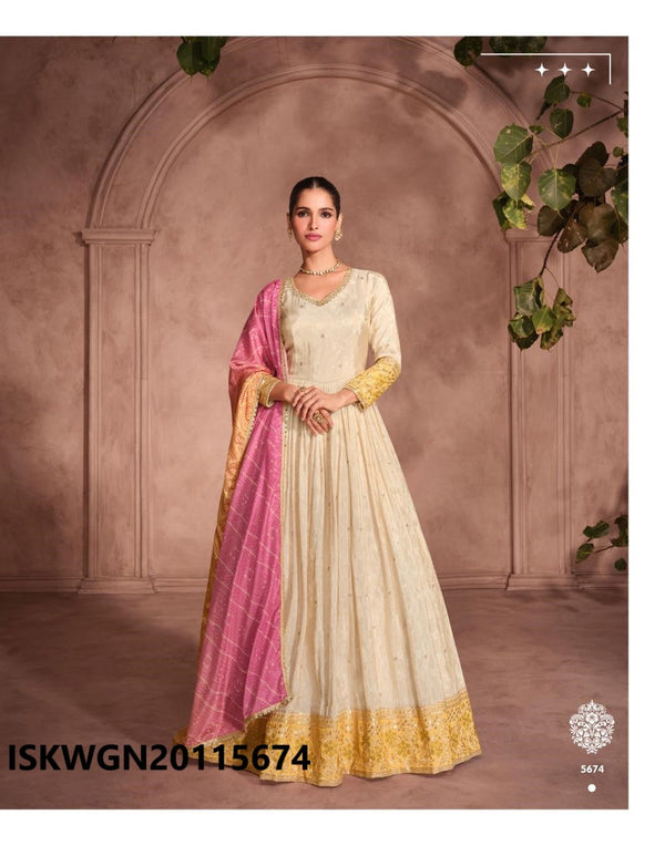 Shimmer Viscose Jacquard Silk Gown With Bandhani Printed Dupatta-ISKWGN20115674/75