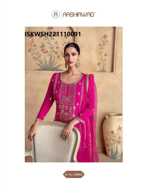 Embroidered Chinon Silk Kurti With Sharara And Net Dupatta-ISKWSH22111009