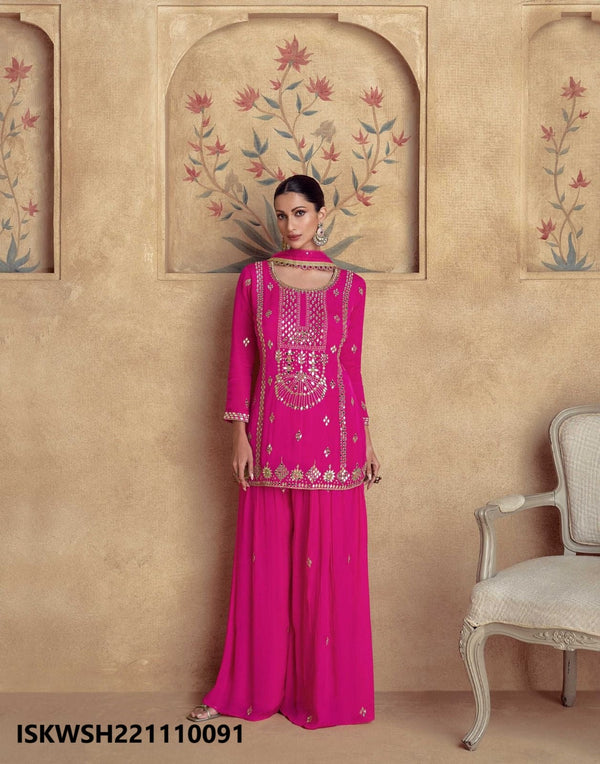 Embroidered Chinon Silk Kurti With Sharara And Net Dupatta-ISKWSH22111009