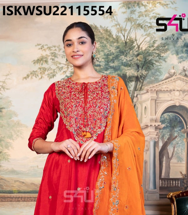 Embroidered Silk Anarkali Kurti With Pant And Dupatta-ISKWSU22115554