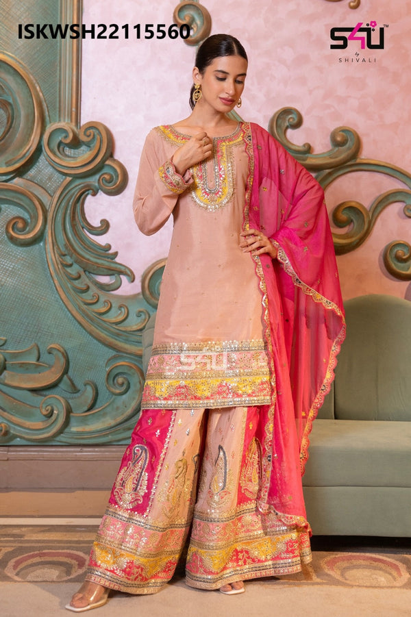 Embroidered Silk Kurti With Sharara And Dupatta-ISKWSH22115560