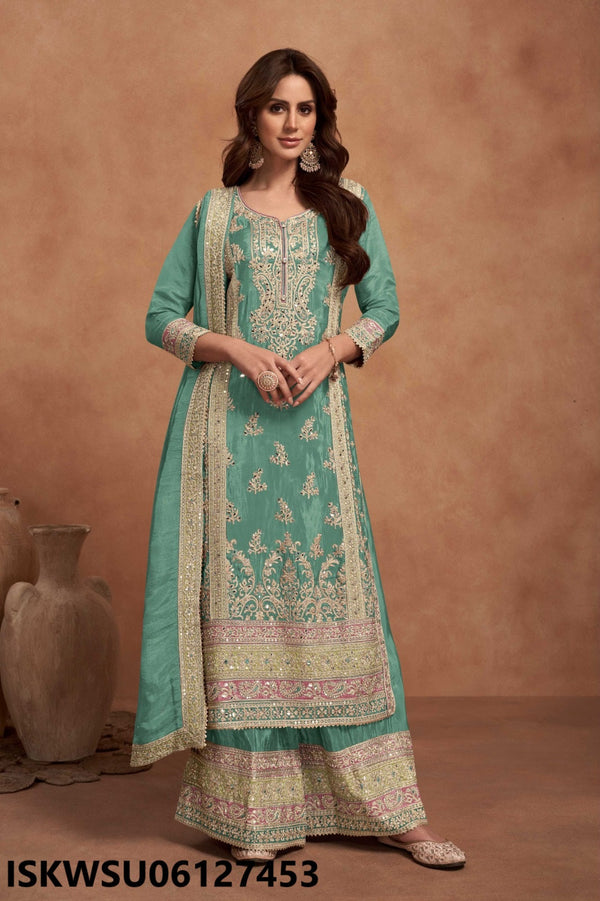 Embroidered Shimmer Silk Kurti With Pant And Dupatta-ISKWSU06127453