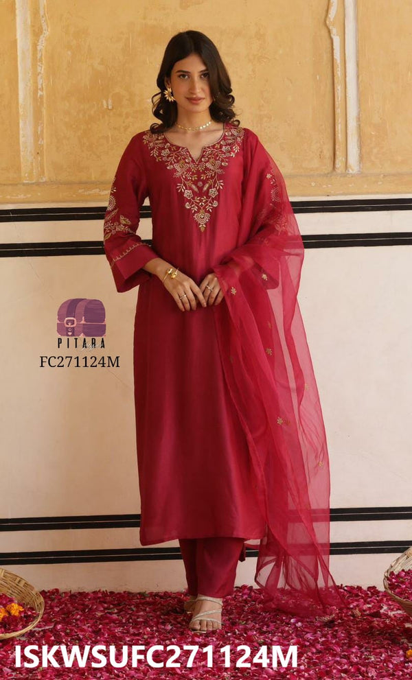 Embroidered Silk Kurti With Pant And Organza Dupatta-ISKWSUFC271124G/FC271124M