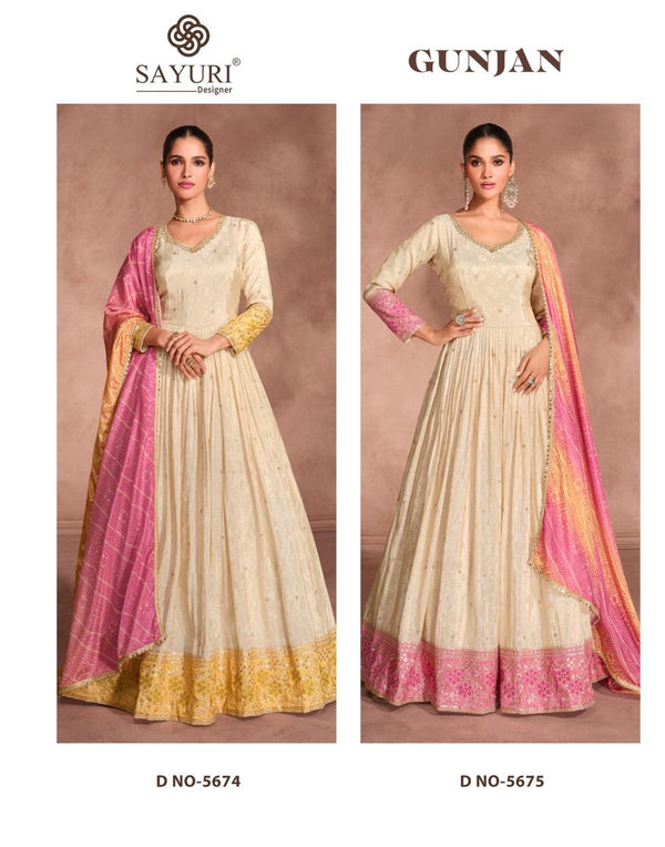 Embroidered Simmer Viscose Jacquard Gown With Bandhani Printed Dupatta-ISKWGN19125674/25675