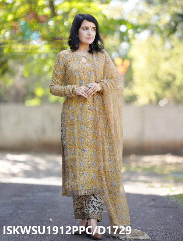 Hand Block Printed Cotton kurti With Pant And Kota Doriya Dupatta-ISKWSU1912PPC/D1729