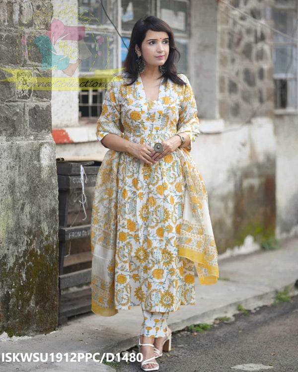 Hand Block Printed Cotton Anarkali Kurti With Pant And Chanderi Dupatta-ISKWSU1912PPC/D1480