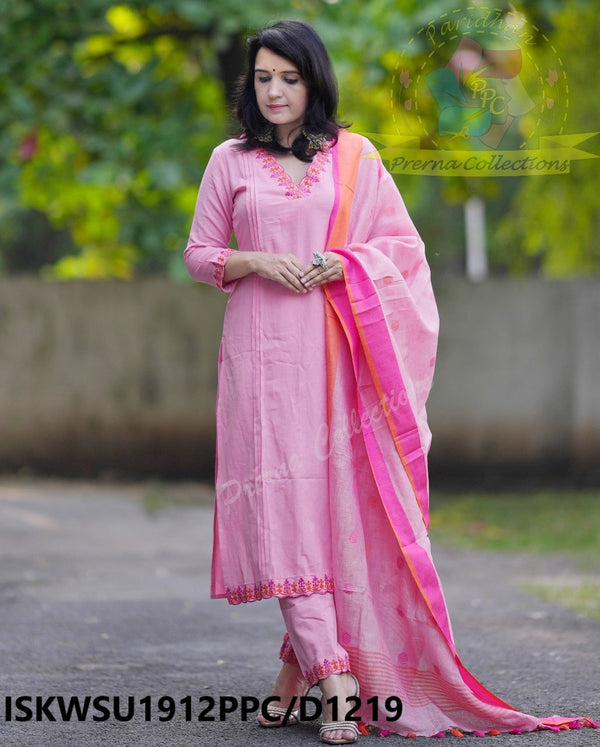 Handloom Kurti With Handloom Cotton Pant And Linen Dupatta-ISKWSU1912PPC/D1219