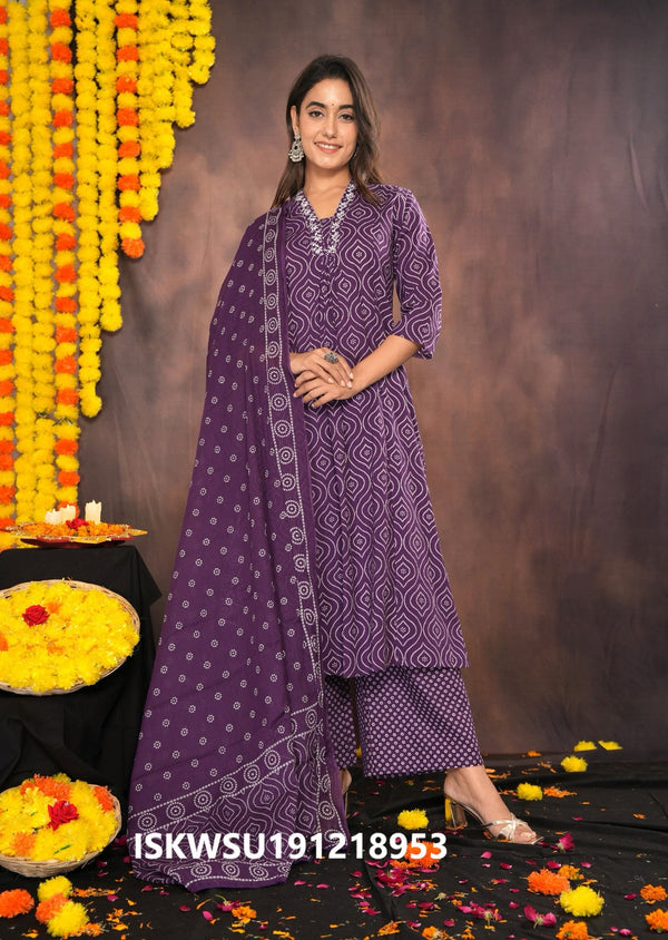 Printed Cotton A-Line Kurti With Pant And Dupatta-ISKWSU191218953