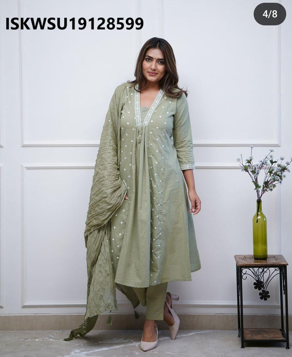 Embroidered Cotton A-Line Kurti With Pant And Dupatta-ISKWSU19128599