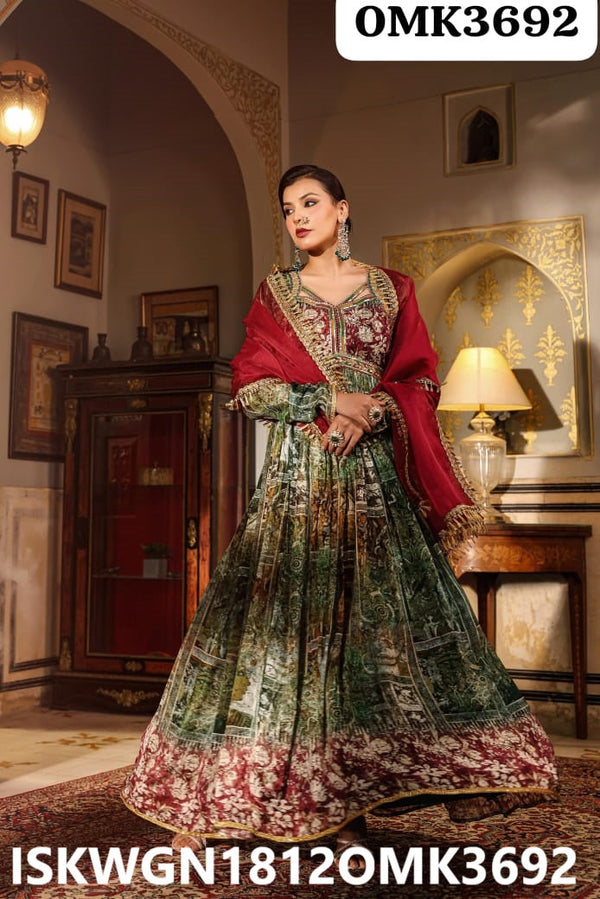 Printed Chinon Gown With Organza Dupatta-ISKWGN1812OMK3692