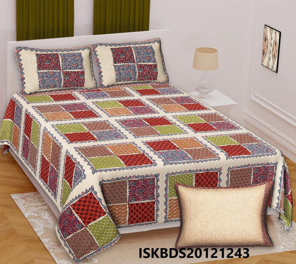 Ajrakh Printed Cotton King Size Bedsheet With Pillow Cover-ISKBDS20121243