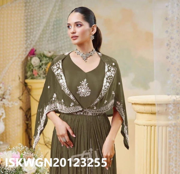 Embroidered Silk Gown Attached With Cape-ISKWGN20123255