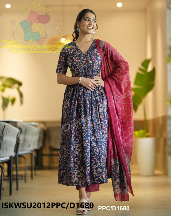 Kalamkari Printed Cotton Anarkali Kurti With Pant And Malmal Cotton Dupatta-ISKWSU2012PPC/D1680