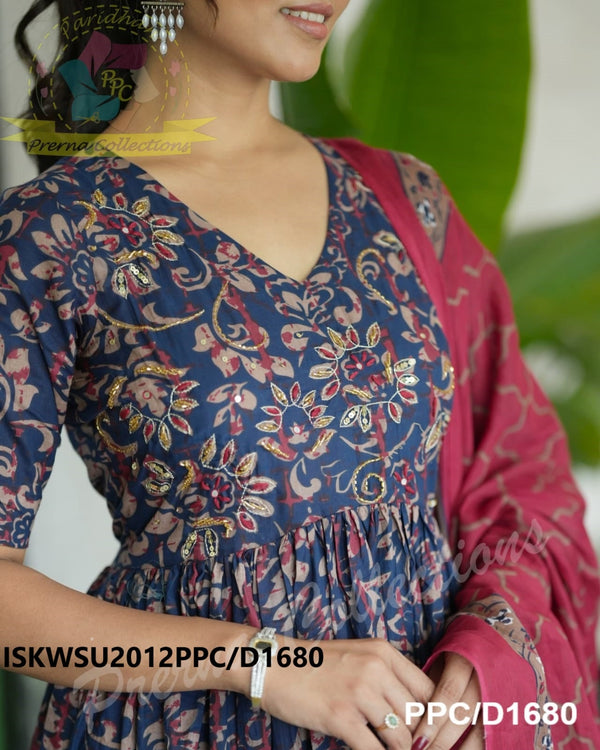 Kalamkari Printed Cotton Anarkali Kurti With Pant And Malmal Cotton Dupatta-ISKWSU2012PPC/D1680