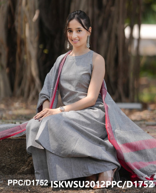 Handloom A-Line Kurti With Handloom Cotton Palazzo And Linen Dupatta-ISKWSU2012PPC/D1852