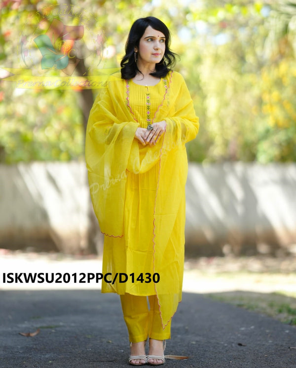 Embroidered Cotton Kurti With Pant And Kota Doriya Dupatta-ISKWSU2012PPC/D1430