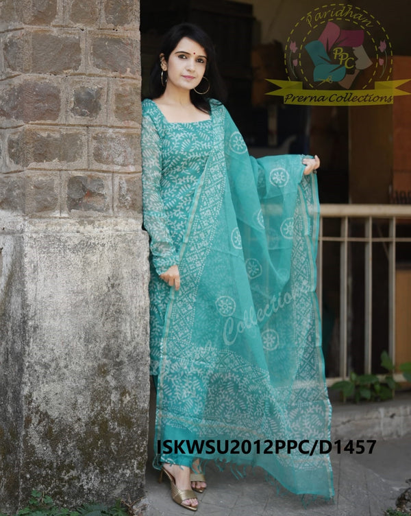 Hand Block Printed Kota Doriya Kurti With Cotton Pant And Dupatta-ISKWSU2012PPC/D1457