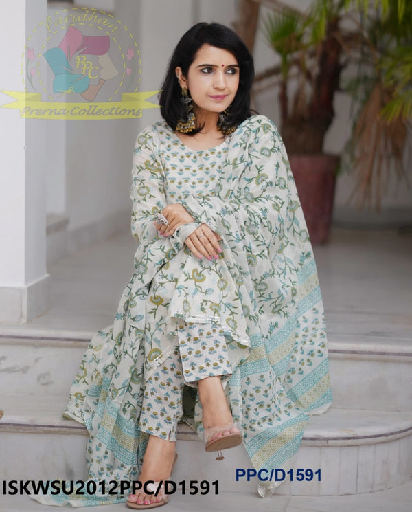 Kalamkari Printed Cotton Anarkali Kurti With Pant And Malmal Cotton Dupatta-ISKWSU2012PPC/D1591