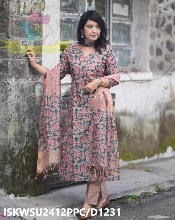 Kalamkari Printed Handloom Cotton Silk Kurti With Cotton Silk Pant And Dupatta-ISKWSU2412PPC/D1231