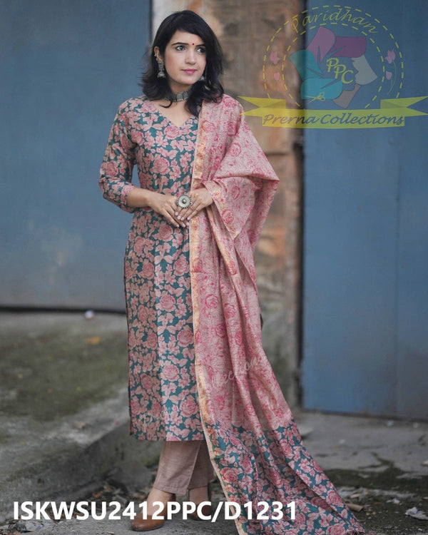 Kalamkari Printed Handloom Cotton Silk Kurti With Cotton Silk Pant And Dupatta-ISKWSU2412PPC/D1231