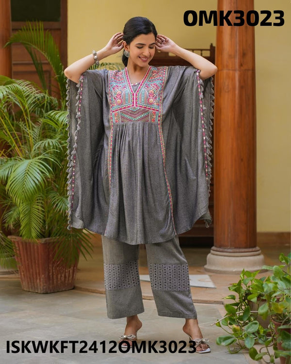 Embroidered Cotton Kaftan With Pant-ISKWKFT2412OMK3023