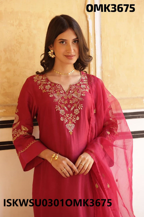 Embroidered Silk Kurti With Shantoon Pant And Organza Dupatta-ISKWSU0301OMK3675