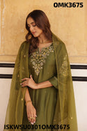 Embroidered Silk Kurti With Shantoon Pant And Organza Dupatta-ISKWSU0301OMK3675