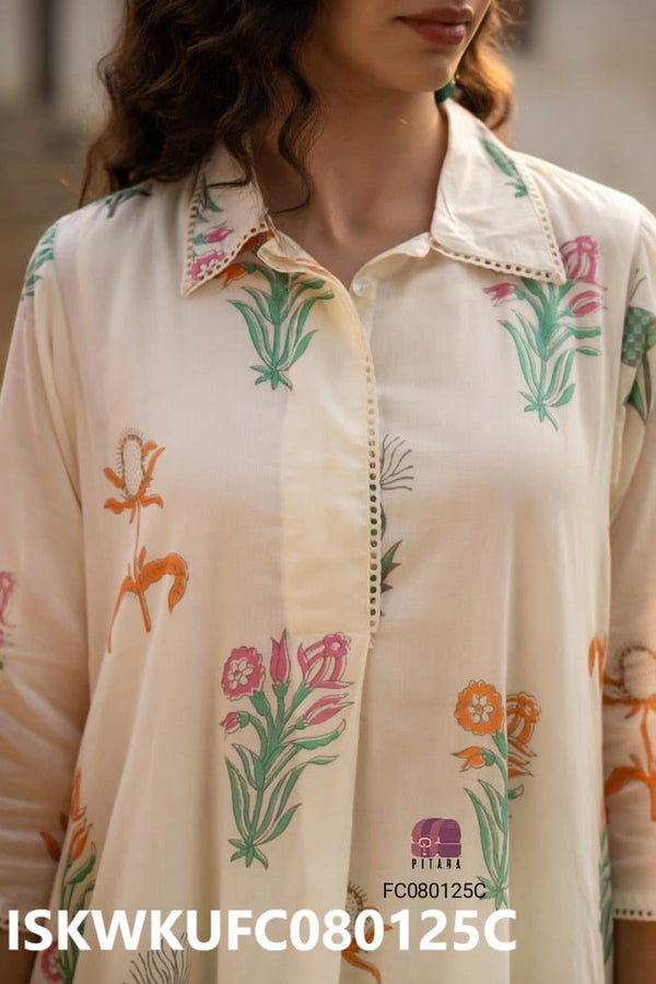 Hand Block Printed Malmal Cotton Flared Kurti With Pant-ISKWKUFC080125C