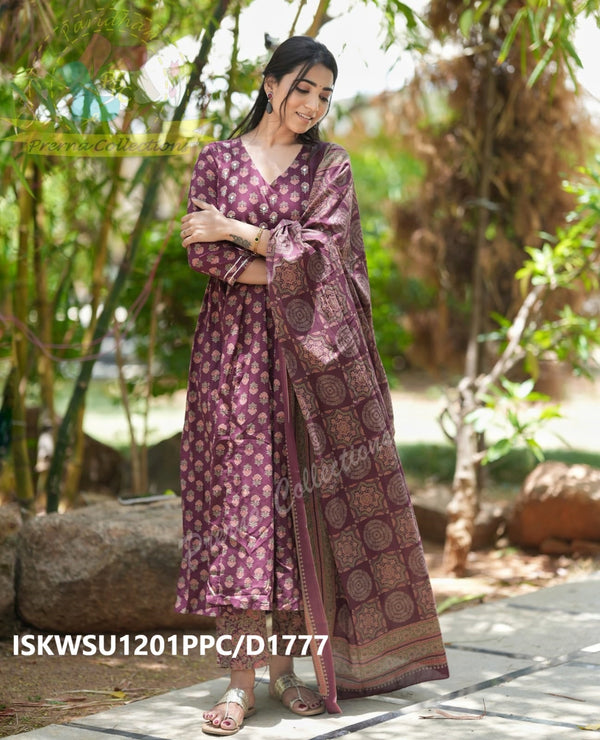 Block Printed Cotton Anarkali Kurti With Pant And Malmal Cotton Dupatta-ISKWSU1201PPC/D1777