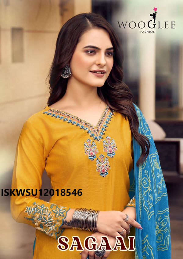 Embroidered Viscose Weaving Kurti With Lycra Cotton Pant And Bandhani Printed Dupatta-ISKWSU12018546