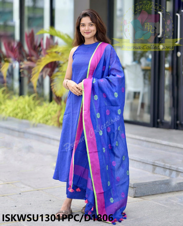 Handloom A-Line Kurti With Handloom Cotton Palazzo And Linen Weaved Dupatta-ISKWSU1301PPC/D1806