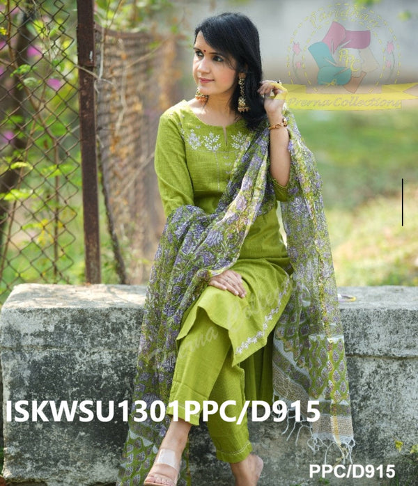 Khadi Cotton Kurti With Pant And Hand Block Printed Kota Doriya Dupatta-ISKWSU1301PPC/D915