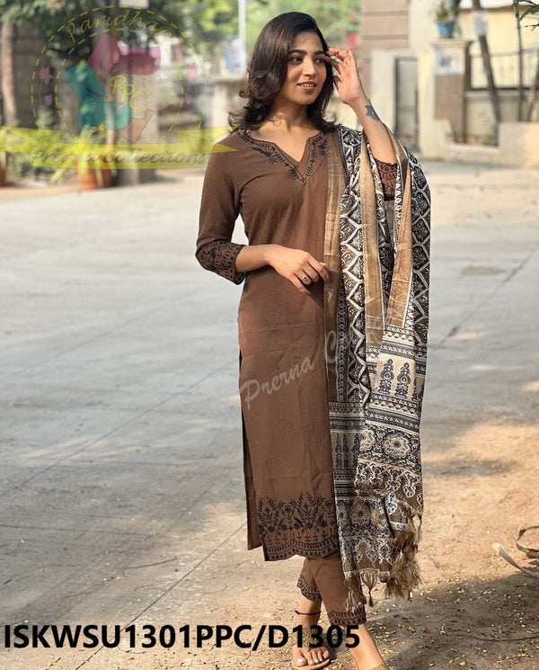 Embroidered Handloom Khadi Kurti With Pant And Digital Printed Khadi Silk Dupatta-ISKWSU1301PPC/D1305