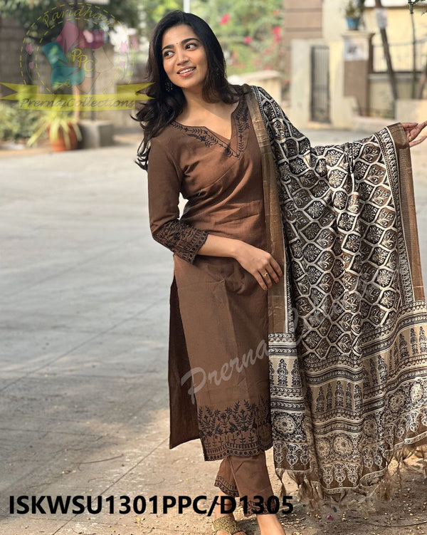 Embroidered Handloom Khadi Kurti With Pant And Digital Printed Khadi Silk Dupatta-ISKWSU1301PPC/D1305