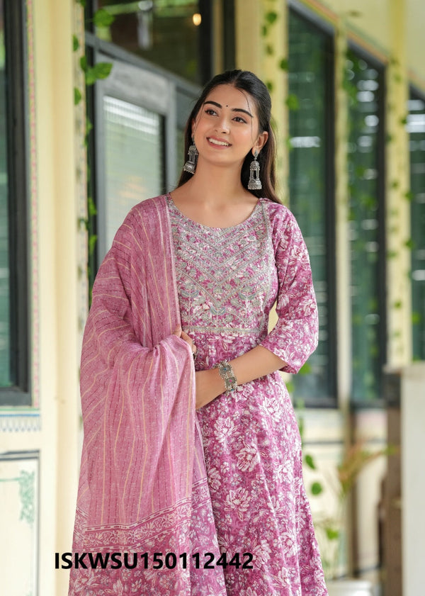 Floral Printed Cotton Anarkali Kurti With Stripe Printed Pant And Dupatta-ISKWSU150112442