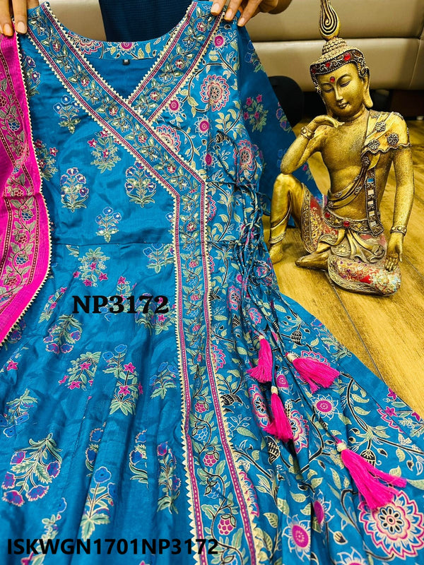 Hand Block And Liquid Gold Printed Art Silk Gown With Kota Doriya Dupatta-ISKWGN1701NP3172