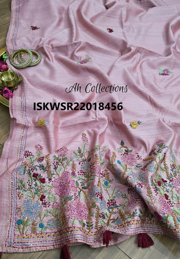 Embroidered Tussar Silk Saree With Blouse-ISKWSR22018456