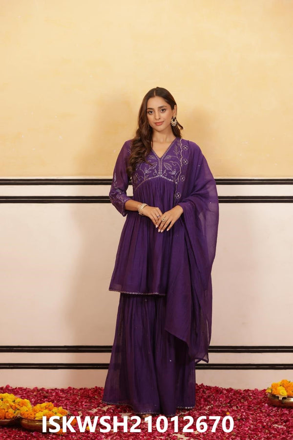 Embroidered Malmal Chanderi Flared Kurti With Sharara And Dupatta-ISKWSH21012670