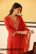 Embroidered Silk Kurti With Pant And Organza Dupatta-ISKWSU21012671