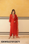 Embroidered Silk Kurti With Pant And Organza Dupatta-ISKWSU21012671