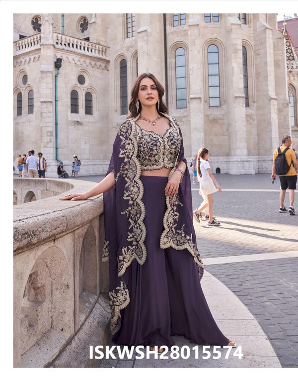 Silk Sharara And Crop Top And Embroidered Jacket-ISKWSH28015574